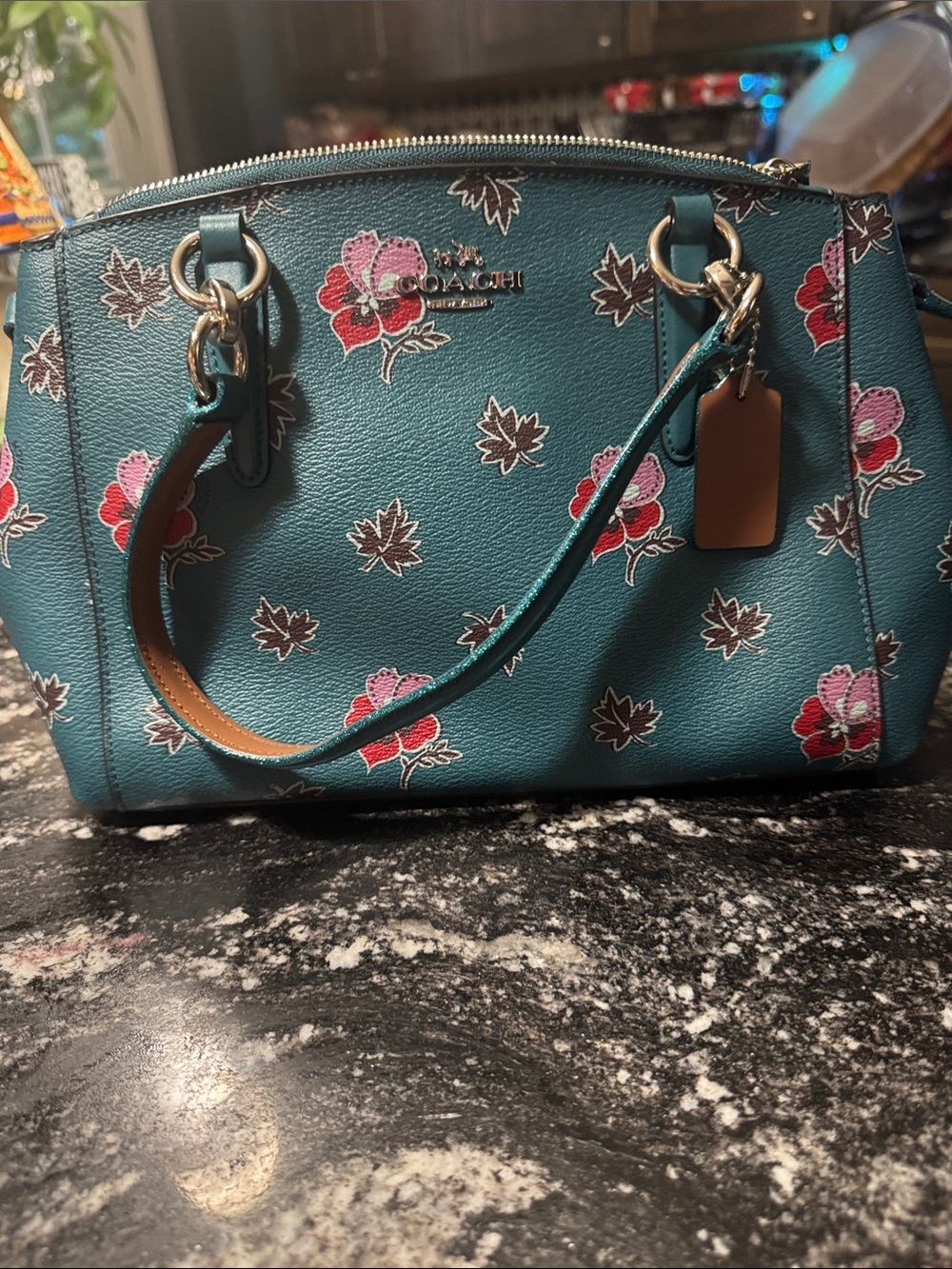 Coach Teal Floral Leather Shoulder Bag with Brown Strap Accent - Picture 2 of 10